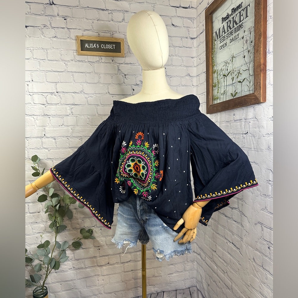 Mudpie boho Navy Embroidered Teddi Blouse
